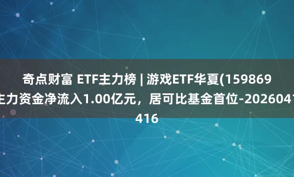 奇点财富 ETF主力榜 | 游戏ETF华夏(159869)主力资金净流入1.00亿元，居可比基金首位-20260416
